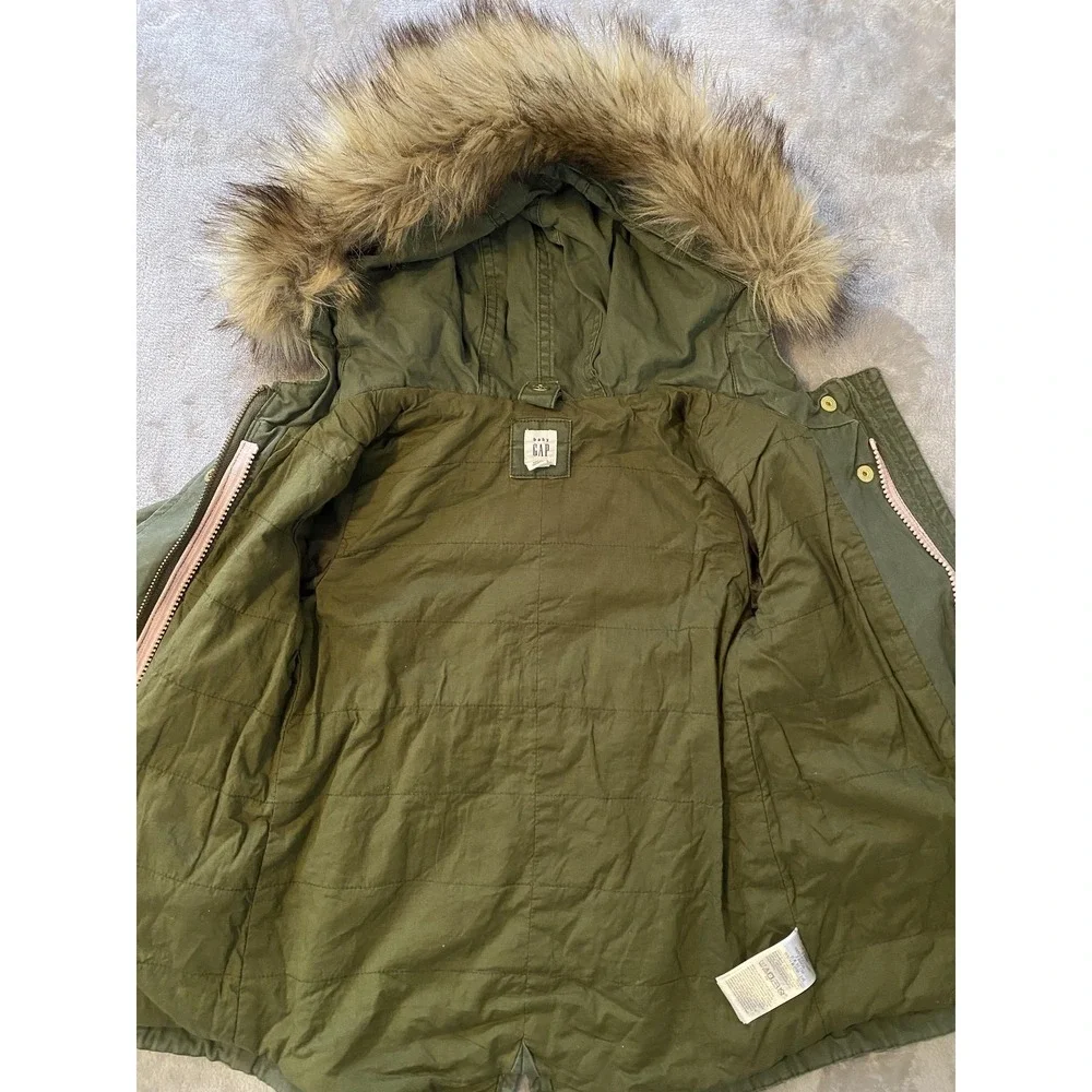 Gap Parka Coat Toddler Girls 2T Green Faux Fur Hood Canvas Lined Zip Pockets‎